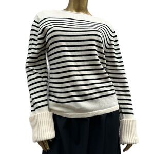 Pingpong 100% wool Striped Cream & Black Pullover jumper Sweater-bateau neck, XL